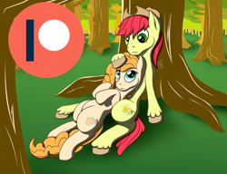 Size: 650x500 | Tagged: safe, artist:tunrae, bright mac, pear butter, earth pony, pony, g4, advertisement, applejack's hat, applejack's parents, couple, cowboy hat, cutie mark, freckles, hat, looking at each other, patreon, patreon logo, patreon preview, tree, unshorn fetlocks