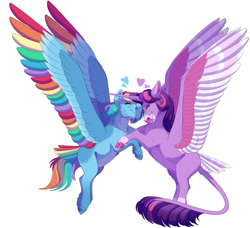 Size: 2300x2100 | Tagged: safe, artist:uunicornicc, rainbow dash, twilight sparkle, alicorn, pony, g4, cloven hooves, colored wings, feathered fetlocks, female, high res, hug, leonine tail, lesbian, missing cutie mark, multicolored wings, rainbow wings, redesign, ship:twidash, shipping, simple background, tail feathers, twilight sparkle (alicorn), white background, wings