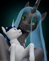 Size: 2560x3200 | Tagged: safe, artist:radiomann01, queen chrysalis, shining armor, changeling, changeling queen, pony, unicorn, g4, 3d, bedroom eyes, blushing, duo, fangs, female, high res, horn, hug, hugging a pony, infidelity, larger female, long hair, looking down, looking up, male, mane, open mouth, render, sharp teeth, ship:shining chrysalis, shipping, simple background, size difference, smaller male, smiling, straight, teeth