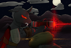 Size: 3072x2048 | Tagged: safe, artist:luther, oc, oc only, oc:shift changeling, changeling, fallout equestria, birthday gift, bullet, changeling oc, cloud, concrete, fangs, fight, gun, high res, laser, laser rifle, male, moon, mountain, night, pipbuck, red changeling, red eyes, red wings, sandbag, solo, weapon