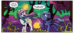 Size: 1335x601 | Tagged: safe, idw, princess celestia, princess luna, alicorn, pony, g4, legends of magic #1, my little pony: legends of magic, spoiler:comic, alternate dimension, alternate universe, comic, dark forest, duo, duo female, female, implied starswirl, looking back, pulling, siblings, sisters, young celestia, young luna