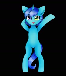 Size: 1468x1680 | Tagged: safe, artist:aleurajan, oc, oc only, pony, unicorn, arm behind head, bipedal, black background, heterochromia, horn, open mouth, simple background, smiling, solo, unicorn oc, waving