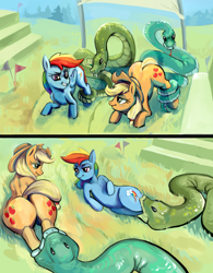 Size: 1500x1928 | Tagged: safe, artist:doomfister, artist:novaray, applejack, rainbow dash, earth pony, pegasus, pony, snake, g4, 2 panel comic, applebutt, butt, carnivore, coils, comic, competition, female, fetish, legs together, looking at each other, mare, oral vore, plot, preydash, preyjack, race, story in the source, vore, willing vore