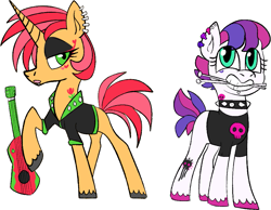 Size: 895x695 | Tagged: safe, artist:northernlightsone, oc, oc only, oc:drum belle, oc:rocka belle, earth pony, pony, unicorn, icey-verse, blank flank, choker, clothes, drumsticks, duo, ear piercing, earring, eyeshadow, female, grin, guitar, jacket, jewelry, leather jacket, lip piercing, magical lesbian spawn, makeup, mare, mouth hold, multicolored hair, musical instrument, offspring, open mouth, parent:babs seed, parent:sweetie belle, parents:babsbelle, piercing, raised hoof, shirt, siblings, simple background, sisters, skull, smiling, spiked choker, t-shirt, tattoo, unshorn fetlocks, white background