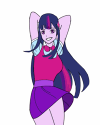 Size: 400x500 | Tagged: safe, artist:elisdoominika, sci-twi, twilight sparkle, equestria girls, g4, 2 phút hon, adorable face, adorkable, animated, arm behind head, bouncing, bouncing breasts, breasts, clothes, cute, dancing, darling in the franxx, gif, glasses off, hair ornament, legs, long hair, looking at you, loose hair, me!me!me!, missing accessory, schrödinger's pantsu, sci-twiabetes, sexy, shirt, simple background, skirt, smiling, smiling at you, solo, swaying hips, trace, twiabetes, white background, zero two (darling in the franxx)