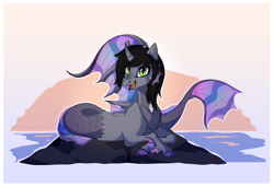 Size: 2826x1936 | Tagged: safe, artist:aureai, siren, cloven hooves, commission, crossed hooves, curved horn, fangs, fins, fish tail, happy, horn, kellin quinn, looking at you, lying down, ocean, open mouth, ponified, prone, rock, scales, signature, solo, sunset, water