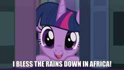 Size: 1280x720 | Tagged: safe, edit, edited screencap, screencap, twilight sparkle, alicorn, pony, amending fences, g4, africa, book, bookhorse, bookshelf, looking at you, meme, music video reference, peeking, solo, song reference, toto (band), twilight sparkle (alicorn)