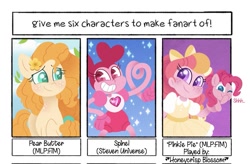 Size: 1079x706 | Tagged: safe, artist:carouselunique, pear butter, pinkie pie, oc, oc:honeycrisp blossom, earth pony, gem (race), human, pony, equestria girls, g4, spoiler:steven universe: the movie, bow, crossover, default spinel, female, gem, grin, hair bow, hand puppet, mare, offspring, one eye closed, parent:big macintosh, parent:princess cadance, parents:cadmac, shhh, six fanarts, smiling, spinel, spinel (steven universe), spoilers for another series, steven universe, steven universe: the movie, wink
