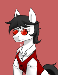 Size: 1400x1800 | Tagged: safe, artist:zachc, oc, oc only, earth pony, pony, clothes, glasses, male, red background, simple background, solo, vest