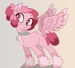 Size: 1805x1628 | Tagged: safe, artist:caramelbolt24, oc, oc only, pegasus, pony, chest fluff, choker, grin, hoof fluff, pegasus oc, signature, smiling, solo, wings