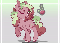 Size: 2275x1668 | Tagged: safe, artist:caramelbolt24, oc, oc only, oc:cherry pop, earth pony, pony, cherry, chest fluff, colored hooves, earth pony oc, female, food, magical lesbian spawn, mare, offspring, one eye closed, parent:applejack, parent:pinkie pie, parents:applepie, raised hoof, signature, solo, wink