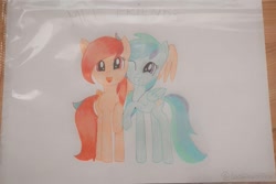 Size: 891x595 | Tagged: safe, artist:lillycloudart, oc, oc only, oc:lily cloud, pegasus, pony, duo, female, hug, jewelry, mare, necklace, one eye closed, open mouth, pegasus oc, smiling, traditional art, winghug, wings, wink