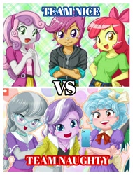 Size: 2522x3326 | Tagged: safe, artist:uotapo, edit, apple bloom, cozy glow, diamond tiara, scootaloo, silver spoon, sweetie belle, equestria girls, g4, clothes, cutie mark crusaders, female, high res, puffy sleeves, versus