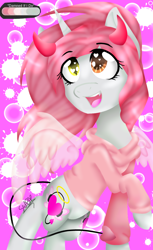 Size: 1080x1770 | Tagged: safe, artist:juliet-gwolf18, oc, oc only, alicorn, pony, abstract background, alicorn oc, clothes, devil horns, heart eyes, heterochromia, hoodie, horn, looking at you, open mouth, raised hoof, smiling, solo, wingding eyes, wings