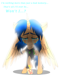 Size: 1208x1500 | Tagged: safe, artist:juliet-gwolf18, oc, oc only, oc:sketchy, alicorn, pony, alicorn oc, clothes, crying, eyelashes, eyes closed, female, horn, mare, simple background, solo, spread wings, talking, tattoo, white background, wings