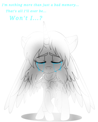 Size: 1208x1500 | Tagged: safe, alternate version, artist:juliet-gwolf18, oc, oc only, oc:sketchy, alicorn, pony, alicorn oc, clothes, crying, eyelashes, eyes closed, female, horn, limited palette, mare, simple background, solo, spread wings, talking, tattoo, white background, wings