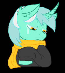 Size: 486x550 | Tagged: safe, artist:theedgyduck, lyra heartstrings, pony, unicorn, fanfic:background pony, g4, black background, clothes, crying, curved horn, dig the swell hoodie, ear fluff, eyelashes, female, hoodie, horn, mare, ms paint, scarf, simple background, solo