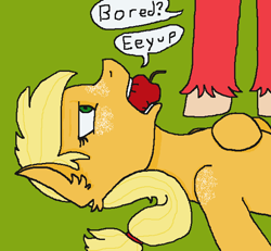 Size: 596x550 | Tagged: safe, artist:theedgyduck, applejack, big macintosh, earth pony, pony, g4, apple, bored, dialogue, eeyup, female, food, freckles, male, mare, missing hat, ms paint, offscreen character, simple background, stallion, unshorn fetlocks
