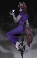 Size: 3154x4915 | Tagged: safe, artist:ruku, oc, oc only, oc:silver bubbles, unicorn, anthro, plantigrade anthro, alcohol, bar stool, clothes, corset, crossdressing, eyeshadow, femboy, glass, high heels, hobble skirt, lidded eyes, looking over shoulder, makeup, male, seductive look, shoes, skirt, stiletto heels, wine glass