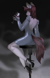 Size: 3154x4915 | Tagged: safe, artist:ruku, oc, oc only, oc:silver bubbles, unicorn, anthro, plantigrade anthro, alcohol, bar stool, bodycon, calves, clothes, cocktail dress, crossdressing, dress, eyeshadow, femboy, glass, high heels, lidded eyes, looking over shoulder, makeup, male, seductive look, shoes, stiletto heels, wine glass