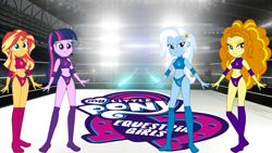 Size: 3292x1862 | Tagged: safe, adagio dazzle, sunset shimmer, trixie, twilight sparkle, equestria girls, g4, belly button, breasts, clothes, cutie mark, elbow pads, female, knee pads, sports, sports bra, sports panties, tag team, wrestler, wrestling, wrestling ring