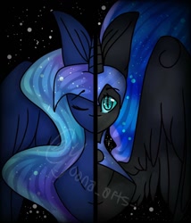 Size: 876x1024 | Tagged: safe, artist:yoonah, nightmare moon, princess luna, alicorn, pony, g4, duality, ethereal mane, female, helmet, horn, mare, night, peytral, shooting star, signature, smiling, smirk, split screen, spread wings, starry mane, stars, wings