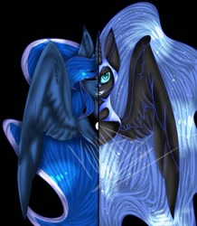 Size: 750x861 | Tagged: safe, artist:yoonah, nightmare moon, princess luna, alicorn, pony, g4, duality, ethereal mane, female, helmet, horn, mare, night, peytral, shooting star, signature, smiling, smirk, split screen, spread wings, starry mane, wings