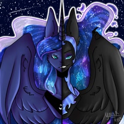 Size: 1024x1024 | Tagged: safe, artist:yoonah, nightmare moon, princess luna, alicorn, pony, g4, duality, ethereal mane, female, helmet, horn, mare, night, peytral, shooting star, signature, smiling, smirk, split screen, spread wings, starry mane, stars, wings