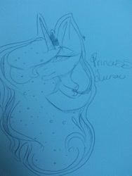 Size: 768x1024 | Tagged: safe, artist:yoonah, princess luna, alicorn, pony, g4, bust, ethereal mane, female, hair over one eye, horn, jewelry, mare, peytral, smiling, solo, starry mane, tiara, traditional art