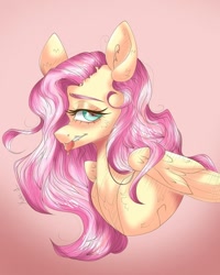 Size: 1080x1350 | Tagged: safe, artist:ulnessity, fluttershy, pegasus, pony, g4, bedroom eyes, bust, ear fluff, eyelashes, female, gradient background, mare, solo, tongue out, wings