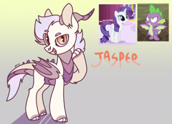 Size: 2257x1628 | Tagged: safe, artist:caramelbolt24, rarity, spike, oc, oc:jasper, dracony, dragon, hybrid, pony, unicorn, g4, bat wings, claw hooves, dragon wings, ear fluff, female, gradient background, horn, horns, interspecies offspring, looking up, male, mare, offspring, open mouth, parent:rarity, parent:spike, parents:sparity, screencap reference, ship:sparity, shipping, smiling, straight, winged spike, wings