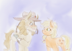 Size: 1321x940 | Tagged: safe, artist:mimiporcellini, applejack, earth pony, pony, g4, colored sketch, crossover, crossover shipping, hol horse, holjack, jojo's bizarre adventure, ponified, shipping