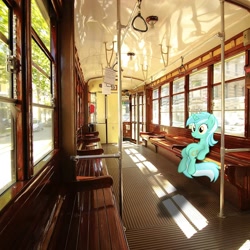Size: 1080x1080 | Tagged: safe, artist:milli_eponafest, lyra heartstrings, pony, unicorn, g4, irl, italy, meme, milan, photo, ponies in real life, sitting, sitting lyra, solo, tram