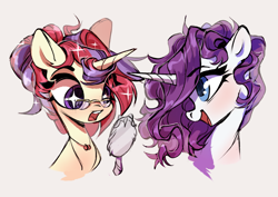 Size: 4093x2894 | Tagged: safe, artist:shore2020, moondancer, rarity, pony, unicorn, g4, alternate hairstyle, duo, duo female, eye clipping through hair, female, glasses, hand mirror, jewelry, mare, mirror, necklace, open mouth, simple background, sparkles