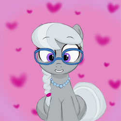 Size: 2000x2000 | Tagged: safe, artist:aa, silver spoon, earth pony, pony, g4, eyebrows, eyebrows visible through hair, female, filly, glasses, heart, high res, looking at you, sitting, smiling, smiling at you, solo