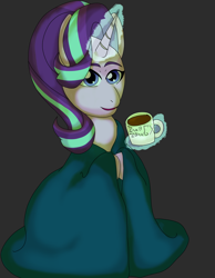 Size: 1700x2190 | Tagged: safe, artist:zhaozoharex, starlight glimmer, pony, unicorn, g4, blanket, clip studio paint, digital art, female, food, hot chocolate, signature, simple background, solo