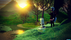 Size: 2560x1439 | Tagged: safe, artist:nyaasapphire, oc, oc only, oc:arctic flurry, oc:prism bolt, anthro, 3d, clothes, grass, hill, river, scenery, sitting, standing, tree, water