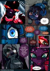 Size: 2480x3508 | Tagged: safe, artist:dsana, fizzlepop berrytwist, tempest shadow, oc, oc:lullaby dusk, pegasus, pony, unicorn, comic:a storm's lullaby, armor, bandaged leg, comic, corrupted, crying, crystal armor, dark magic, duo, duo female, female, filly, flashback, glowing eyes, hoof on belly, horn, lightning, magic, mare, muzzle, open mouth, realization, scar, shivering, teary eyes, tempest gets her horn back