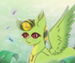 Size: 1200x1000 | Tagged: safe, artist:saltyvity, oc, oc only, butterfly, pegasus, pony, green background, key, leaf, pegasus oc, red eyes, simple background, solo, summer, sun