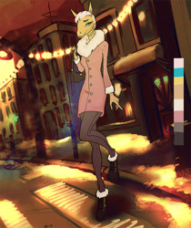 Size: 757x900 | Tagged: safe, artist:oneofyouare, oc, oc only, horse, anthro, choker, clothes, coat, ear piercing, female, fur collar, leggings, makeup, mare, mascara, night, piercing, purse, street, streetlight, winter boots, zipper