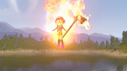 Size: 1280x720 | Tagged: safe, artist:horsesplease, sunset shimmer, equestria girls, g4, 3d, evil smile, fiery shimmer, fire, floating, gmod, grin, hammer, smiling, solo, this will end in pain and/or death, war hammer, weapon