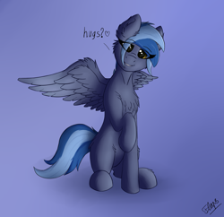 Size: 2652x2572 | Tagged: safe, artist:flapstune, oc, oc only, oc:pixi feather, pegasus, pony, blue background, cute, dialogue, ear fluff, female, fluffy, high res, looking at you, mare, pegasus oc, signature, simple background, sitting, smiling, smiling at you, solo, spread wings, two toned mane, wings