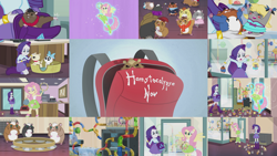 Size: 1964x1105 | Tagged: safe, edit, edited screencap, editor:quoterific, screencap, fluttershy, mitsy, rarity, cat, dog, hamster, human, g4, hamstocalypse now, backpack, boots, duo, duo female, female, musical instrument, open mouth, ponied up, shoes, tambourine, trio, wings