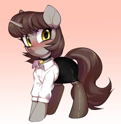 Size: 1242x1280 | Tagged: safe, artist:vensual99, oc, oc only, oc:silver bubbles, pony, unicorn, blouse, blushing, choker, clothes, crossdressing, femboy, gradient background, heart necklace, male, miniskirt, pencil skirt, secretary, shy, shy smile, skirt, smiling, socks, thigh highs