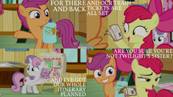 Size: 2000x1125 | Tagged: safe, edit, edited screencap, editor:quoterific, screencap, apple bloom, scootaloo, sweetie belle, earth pony, pegasus, pony, unicorn, g4, growing up is hard to do, bag, bow, carrot, chips, clubhouse, crusaders clubhouse, cutie mark crusaders, duo, duo female, female, food, gritted teeth, open mouth, potato chips, saddle bag, teeth, ticket, trio, trio female