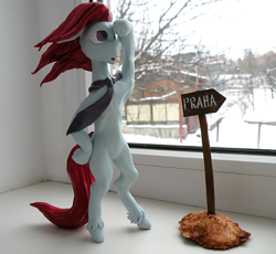 Size: 712x655 | Tagged: safe, artist:pankarl, oc, oc only, oc:vialleux, earth pony, pony, bipedal, craft, figurine, irl, necktie, photo, road sign, solo, window
