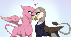 Size: 2350x1214 | Tagged: safe, artist:freyatokage, oc, oc:gabriela eagleclaw, oc:hera eichberg, griffon, equestria at war mod, clothes, colored wings, colored wingtips, female, griffon oc, heart, implied lesbian, lesbian, shipping, simple background, suit, wings