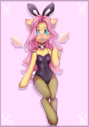 Size: 1749x2497 | Tagged: safe, artist:zefirka, fluttershy, pegasus, semi-anthro, g4, adorasexy, arm hooves, bunny suit, bunnyshy, clothes, cute, leotard, sexy, shyabetes, solo