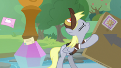 Size: 1920x1080 | Tagged: safe, screencap, derpy hooves, pegasus, pony, g4, the point of no return, bipedal, eyes closed, female, hat, mailmare, mailmare hat, mailmare uniform, mare, package, pushing, solo