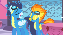 Size: 1920x1080 | Tagged: safe, screencap, soarin', spitfire, pegasus, pony, g4, the best night ever, clothes, duo, eyes closed, female, goggles, male, mare, open mouth, stallion, uniform, wonderbolts uniform